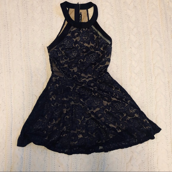 Crystal Doll 5 navy lace over nude halter mini dress - Picture 7 of 9